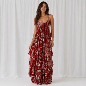 Michael Kors Collection Spring 2006 Silk Tiered Ruffle Maxi Dress Red Print NWT